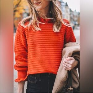 Madewell Ruffle-Neck Pullover Sweater in Cotton-Merino Yarn Red Orange